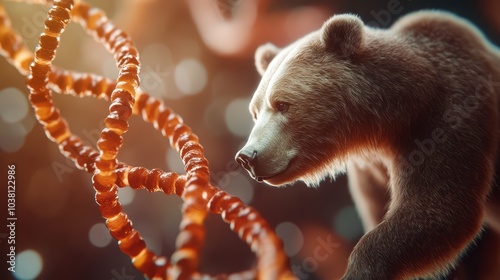 Bear interacting with DNA strand on a vibrant background, focusing on wildlife biology. photo