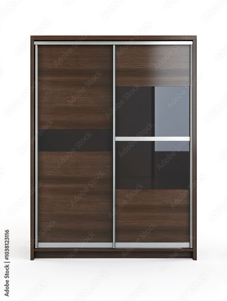 A sleek wardrobe with sliding glass doors, contemporary design, silver accents, isolated on white background A sleek wardrobe with sliding glass doors, contemporary design, silver accents, isolated on white background