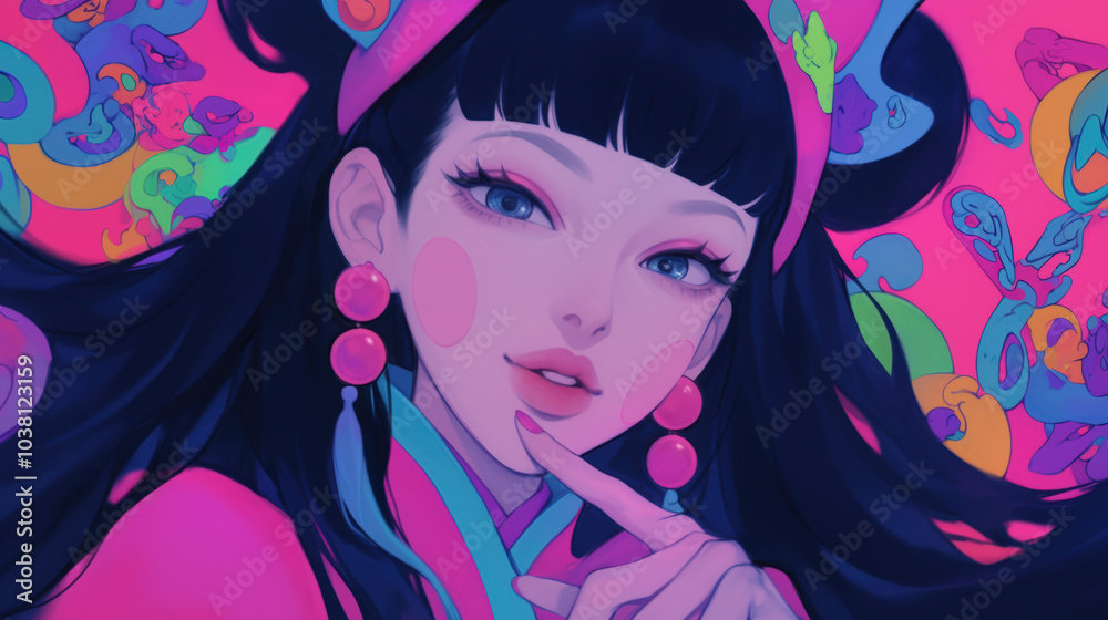 Naklejka premium vibrant anime character with long black hair and colorful accessories, playfully pointing at camera. background features mix of bright colors and whimsical shapes, creating lively atmosphere