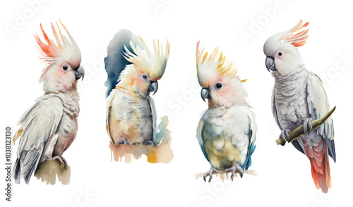 Colorful cockatoos elegant watercolor illustration of unique birds in various poses photo