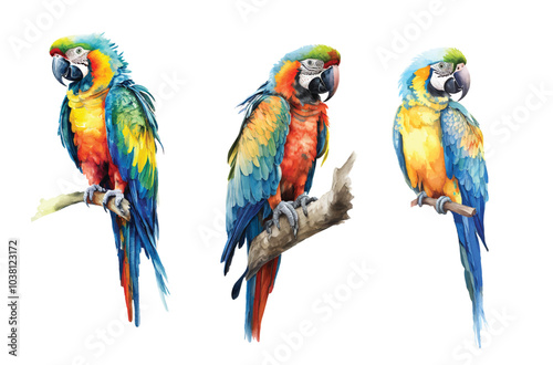 Colorful watercolor macaw parrots perched in a row against white background