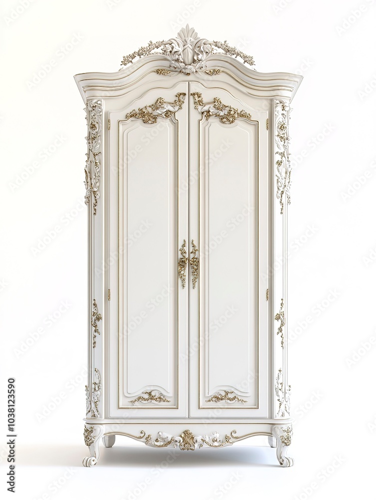 Classic French-style wardrobe, ornate details, soft white finish, gold accents, isolated on white background Classic French-style wardrobe, ornate details, soft white finish, gold accents, isolated on white background
