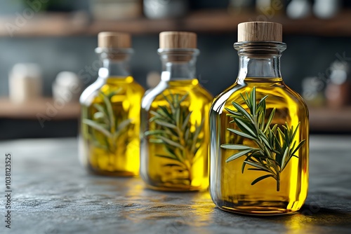 Three glass bottles filled with olive oil and rosemary, showcasing culinary ingredients.