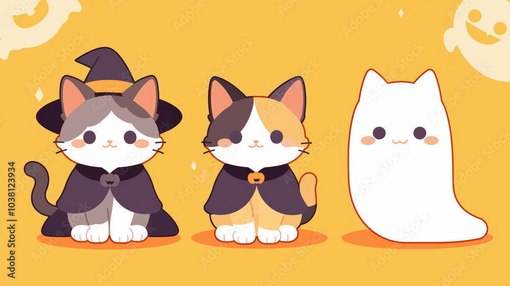Fototapeta premium Cute cartoon illustration of three cats dressed in costumes, featuring witch cat, calico cat, and ghost cat. vibrant colors and playful design evoke fun, festive atmosphere