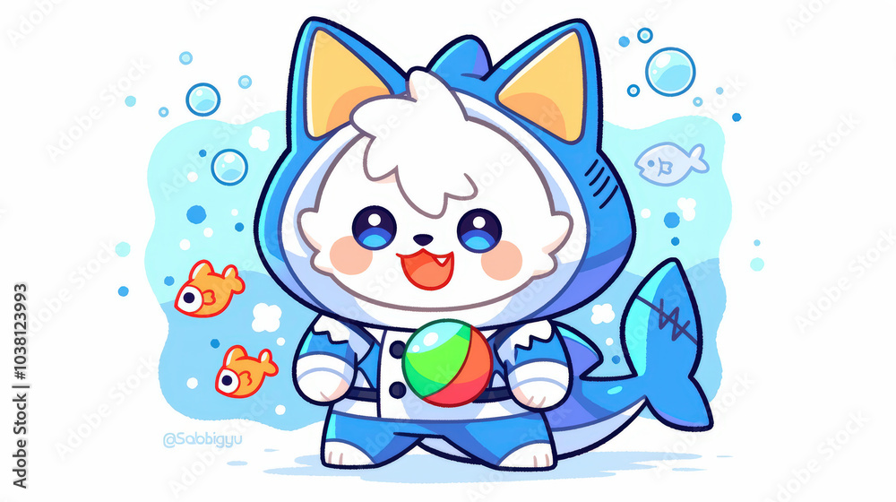 Obraz premium Cute cat in shark costume, surrounded by colorful fish and bubbles, brings joy and playfulness to any setting. This adorable illustration captures whimsical underwater theme
