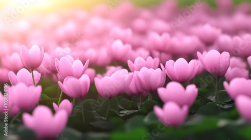 Beautiful pink flowers blooming in a serene landscape with soft sunlight. photo