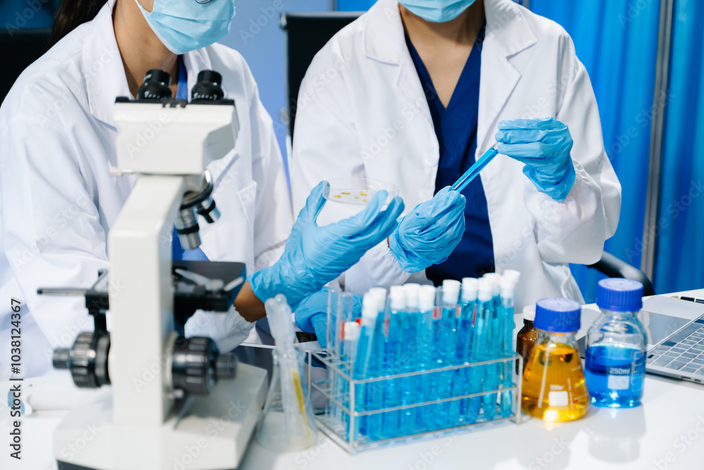 scientists in lab coats conducting research, handling glassware, and working with chemicals scientists in lab coats conducting research, handling glassware, and working with chemicals