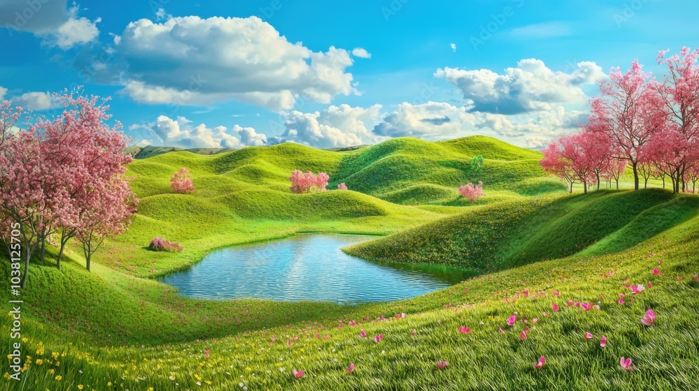 Naklejka premium Springtime Fantasy: A 3D Rendered Idyll