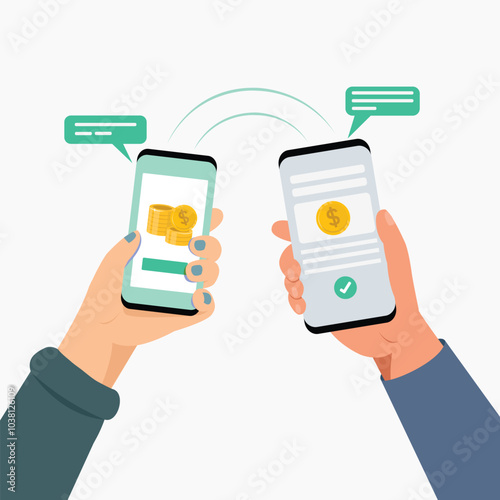 Hand holding smartphones sending coins to each other. Money transfer via mobile phone concept.