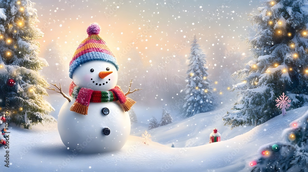 A Cheerful Snowman Standing in a Snowy Winter Wonderland A Cheerful Snowman Standing in a Snowy Winter Wonderland