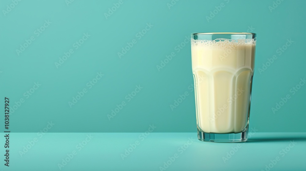 Fresh cow milk in a glass for breakfast on a blue background. For banners, advertising with copy space for add text. Fresh cow milk in a glass for breakfast on a blue background. For banners, advertising with copy space for add text.