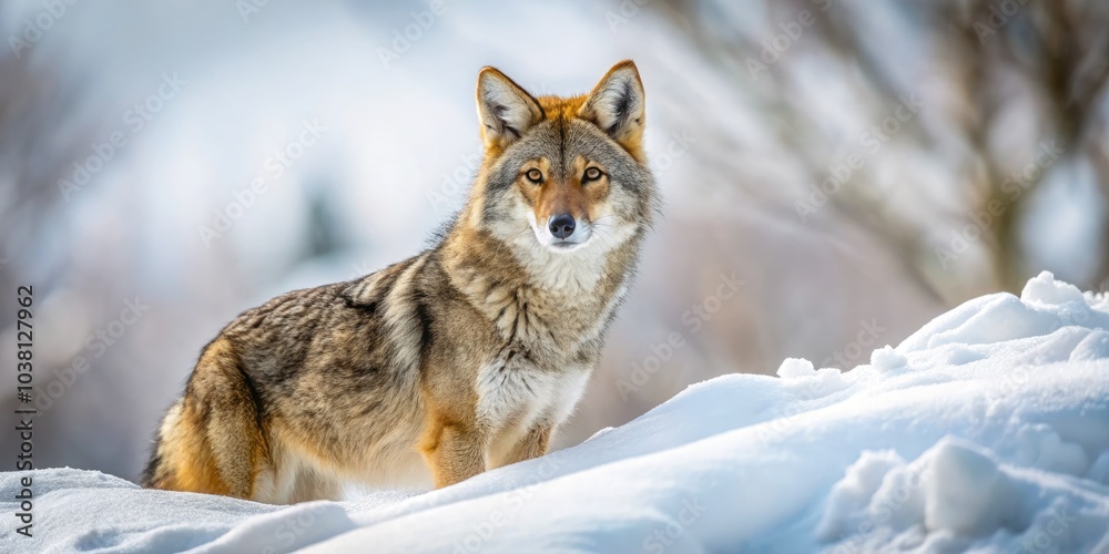 Obraz premium A solitary coyote, Canis latrans, traverses winter snow in Canada, embodying nature's resilience. A high depth of field captures the beauty of its hunt.