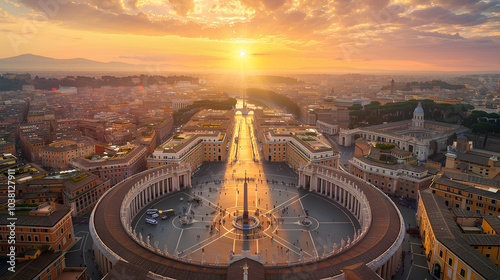 An aerial view of St. Peter's Square in Rome at sunset, with the basilica and surrounding city visible.