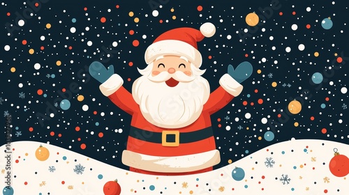 Joyful Santa Claus Christmas Illustration with Snowflakes and Ornaments