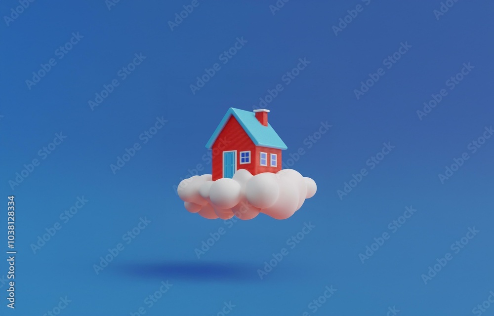 Naklejka premium A small red house with a blue roof floats on a white cloud against a blue background.