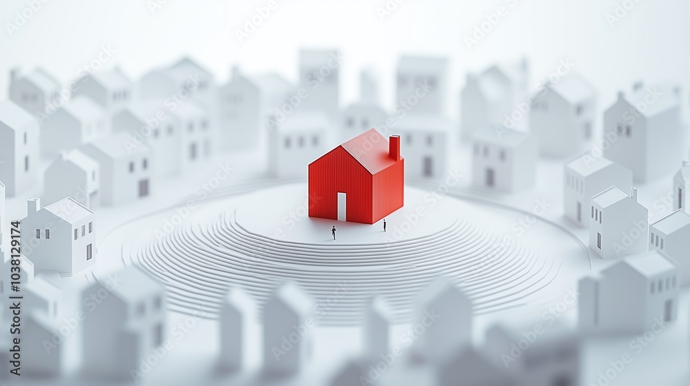 Fototapeta premium A single red house stands prominently in a crowd of white paper homes, evoking themes of uniqueness and standout property choices. 