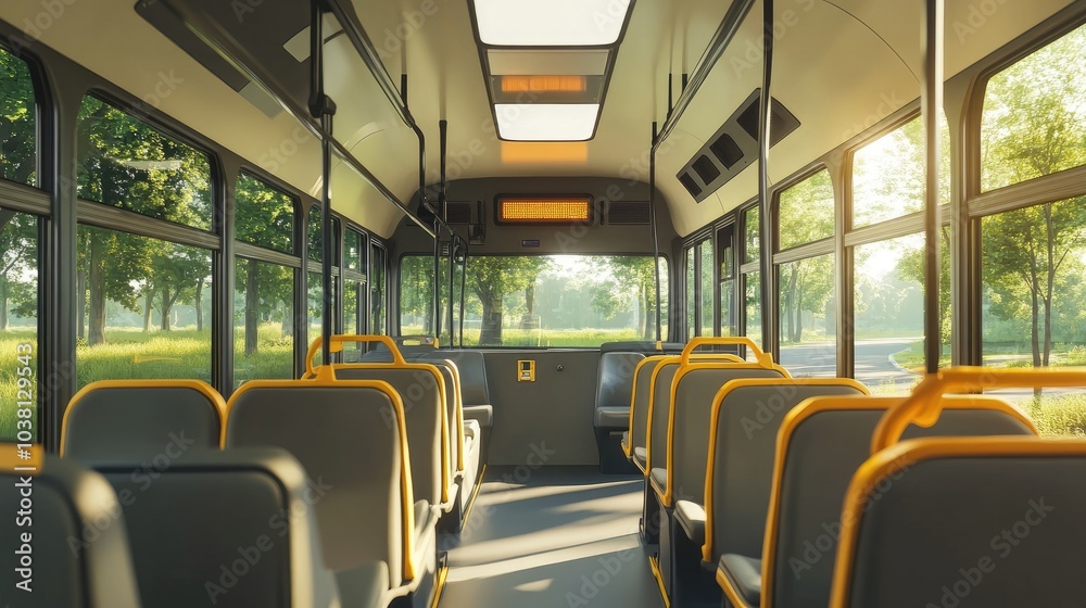 Fototapeta premium Clean, modern school bus interior with well-organized seats, large windows, and soft lighting for a bright and welcoming atmosphere.