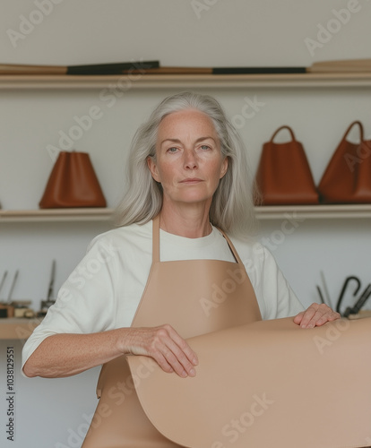 A woman 60 years old  in a design studio sews a luxury bag made of genuine leather photo