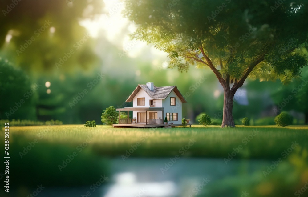 A small house with a porch stands in a grassy field surrounded by lush greenery. A small house with a porch stands in a grassy field surrounded by lush greenery.