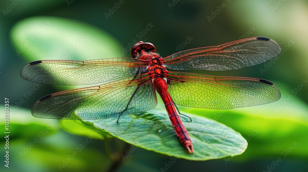 Close-up of a red dragonfly resting on a green leaf, wings spread wide. Close-up of a red dragonfly resting on a green leaf, wings spread wide.