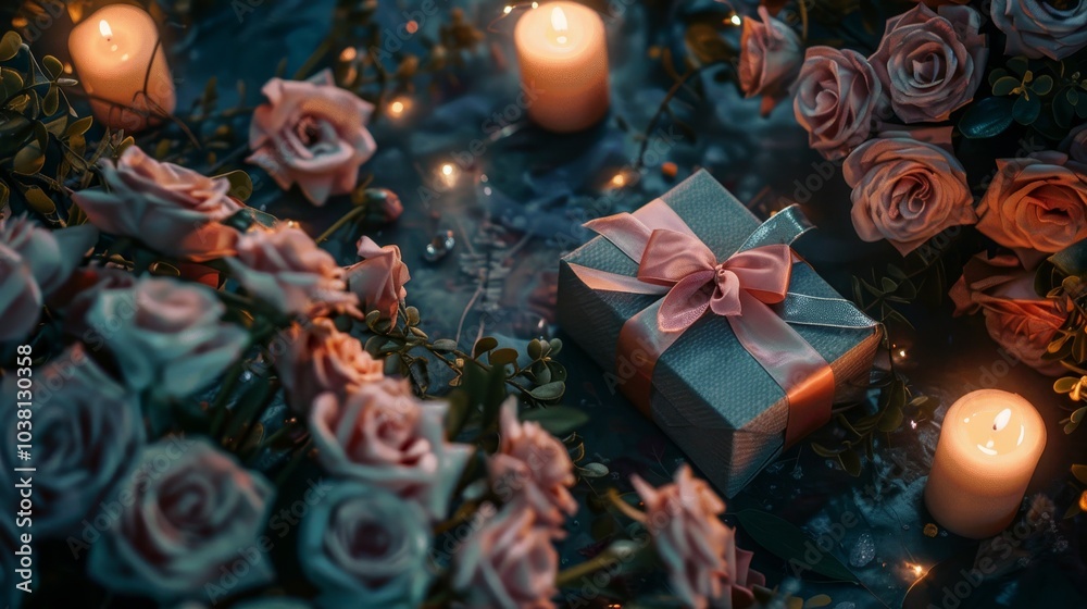 Elegant love themed gift box surrounded by delicate flowers and candles for a special day Elegant love themed gift box surrounded by delicate flowers and candles for a special day
