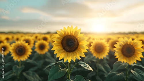 Vibrant Field of Blooming Sunflowers Basking in the Warm Sunshine