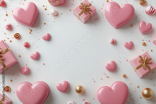  a Valentine's Day background with pink hearts, gift boxes, and golden decorations on a white surface. Flat lay top view with copy space for design in a holiday cele photo