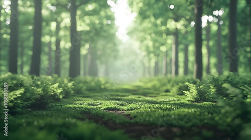 A Tranquil Forest Trail with Dappled Sunlight Shining Through the Lush Foliage