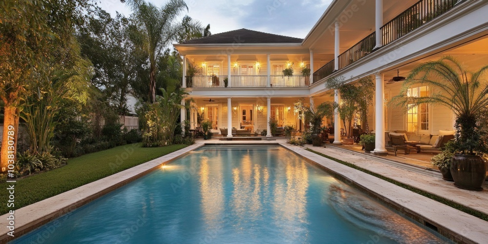 Obraz premium Stunning backyard pool area with a modern design. A luxurious house stands tall with cozy lighting. Perfect for relaxing or entertaining guests. An ideal getaway in a residential setting. AI