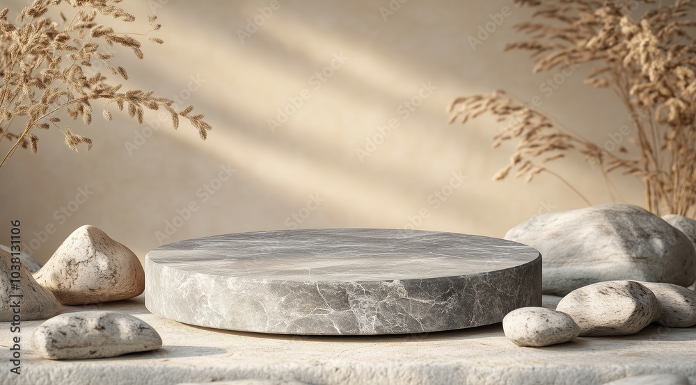 Abstract minimal mockup podium with rocks and a beige background for product presentation, Abstract minimal mockup podium with rocks and a beige background for product presentation,