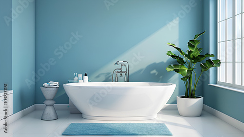 A modern bathroom featuring a freestanding white bathtub, a blue wall, a green plant, and a white rug.