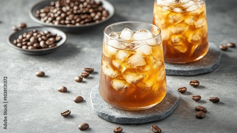 Close-up of iced coffee served in transparent glasses, surrounded by scattered coffee beans on a concrete background Close-up of iced coffee served in transparent glasses, surrounded by scattered coffee beans on a concrete background
