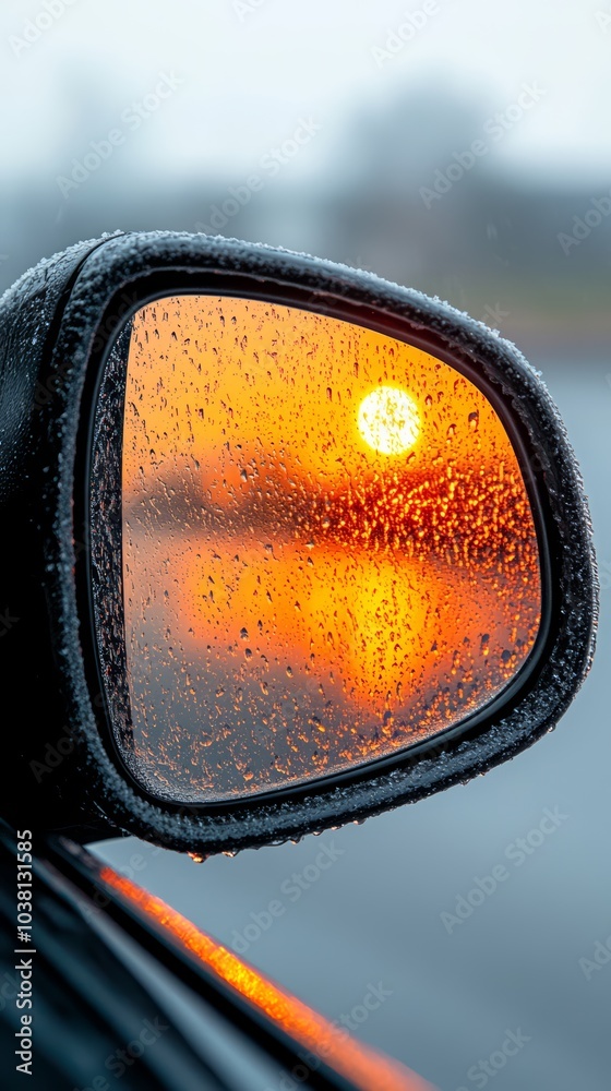 Car side mirror reflecting a sunset with rain droplets, dramatic lighting. Car side mirror reflecting a sunset with rain droplets, dramatic lighting.