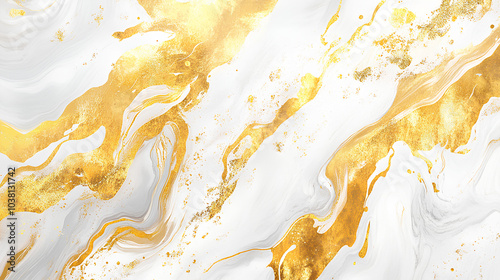 Abstract swirling background with white and gold marble paint texture.