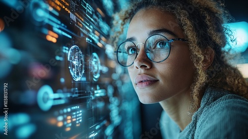 Woman Analyzing Data on a Digital Screen