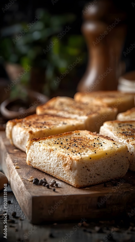 Slices of toasted bread on a wooden board, garnished and ready for serving. Slices of toasted bread on a wooden board, garnished and ready for serving.