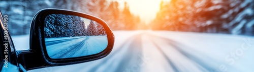 Car side mirror reflecting snowy landscape at sunrise.