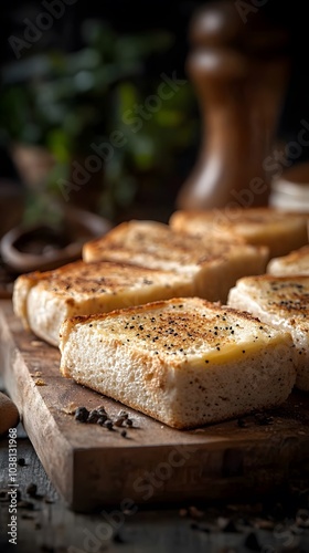 Slices of toasted bread on a wooden board, garnished and ready for serving.