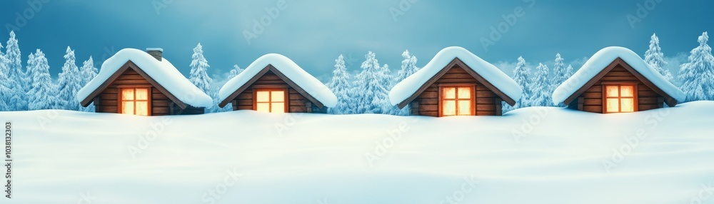 Charming wooden cabins in snow, illuminated windows, winter wonderland setting. Charming wooden cabins in snow, illuminated windows, winter wonderland setting.