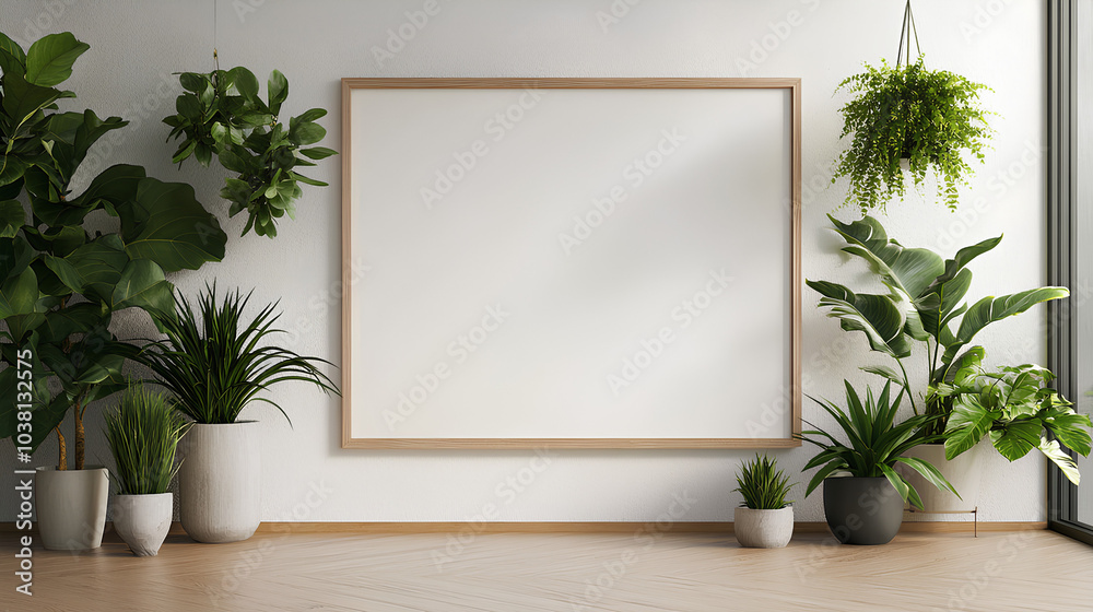 A minimalist interior design featuring a large empty picture frame on a white wall, surrounded by plants. A minimalist interior design featuring a large empty picture frame on a white wall, surrounded by plants.