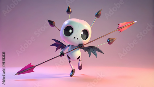 Cute skeleton character with wings holding spear in playful design.