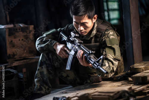 A Chinese soldier in camouflage prepares for action while holding a firearm in a dimly lit environment during a training exercise