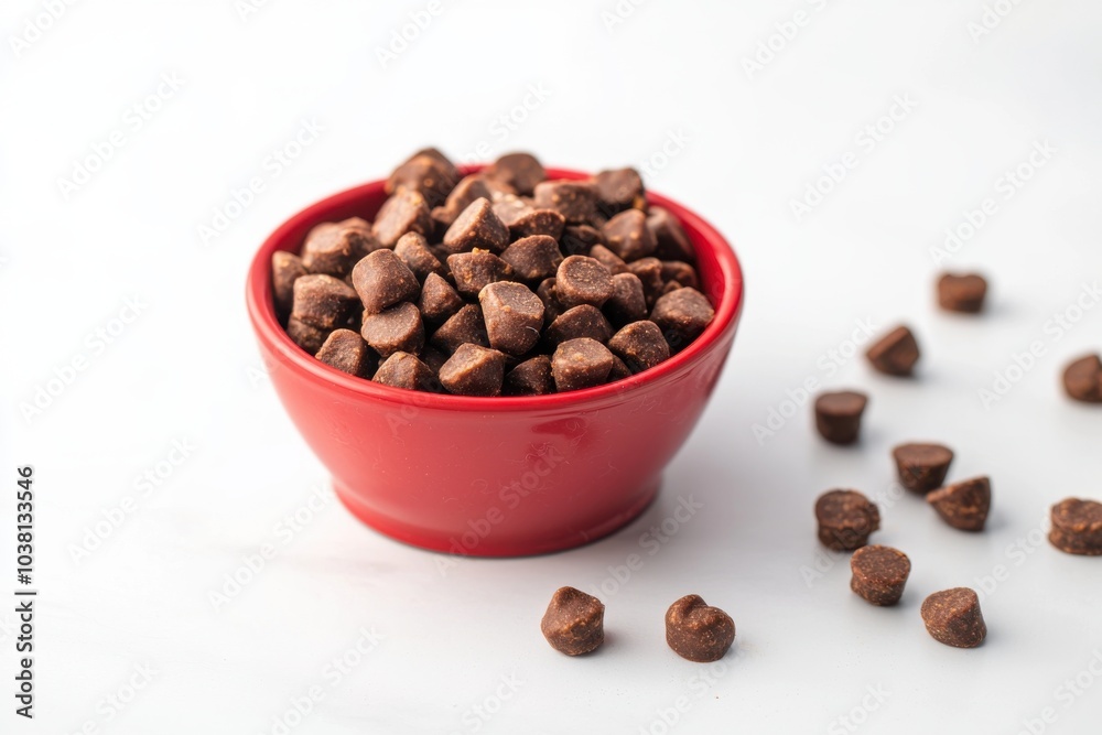 A red bowl filled with small chocolate pieces, surrounded by a few scattered pieces on a white surface. A red bowl filled with small chocolate pieces, surrounded by a few scattered pieces on a white surface.