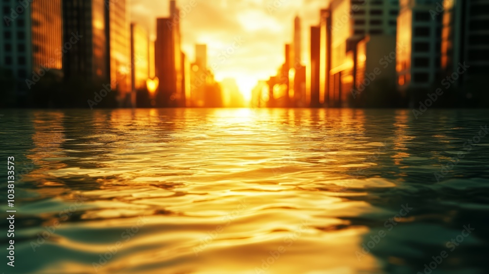 City skyline at sunset reflected in water, warm golden hues, tranquil urban scenery. City skyline at sunset reflected in water, warm golden hues, tranquil urban scenery.