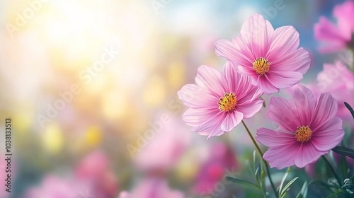 Pink Cosmos Flowers in Gentle Sunlight Glow