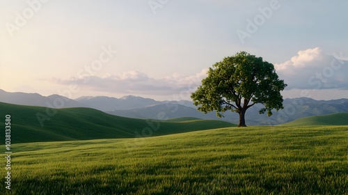 Majestic Oak Tree Towering in Lush Green Countryside Landscape