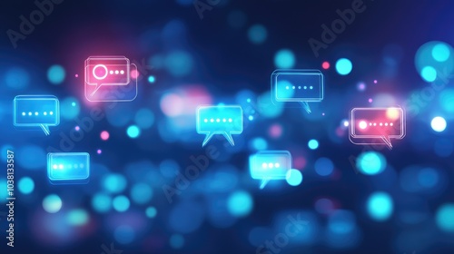 Creative hologram of GPT chat with interactive speech bubbles and icons, softly blurred blue background for tech theme.