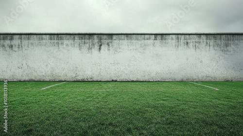 A soccer field with a detailed view of the penalty box and worn turf, outdoor setting with an overcast sky, Textured style