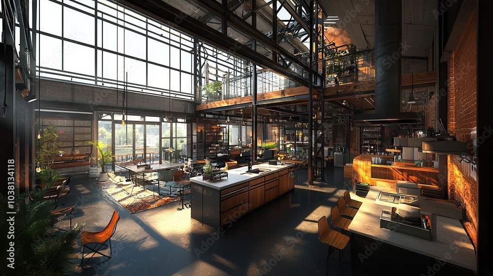 A spacious, modern kitchen with large windows, natural light, greenery, and an industrial design, creating a warm and inviting atmosphere. A spacious, modern kitchen with large windows, natural light, greenery, and an industrial design, creating a warm and inviting atmosphere.