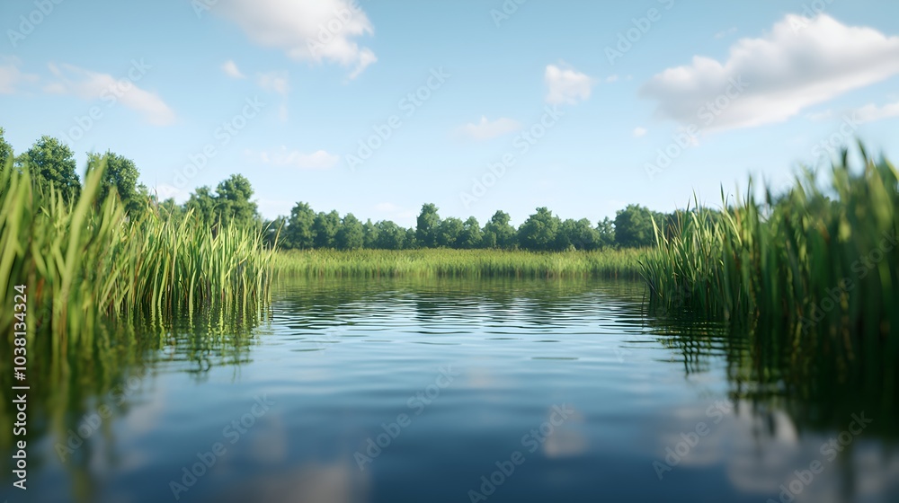 Fototapeta premium Peaceful Pond Surrounded by Lush Greenery and Tranquil Reflections